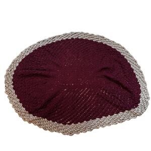 Handmade Crochet Shell Stitch Oval Afghan Throw Burgundy Tan 57x42" Open Weave